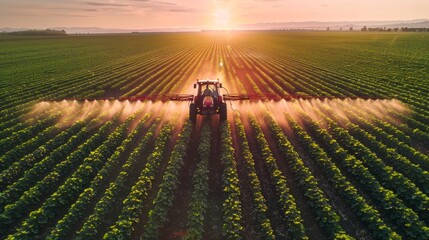 Agricultural tractor applying pesticides on soybean farm.