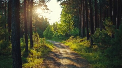 Walking Path through Green Forest on a Sunny Day, Perfect for Hiking Trail and Nature Photography Generative AI