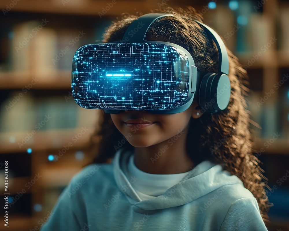 Poster school student in a classroom using vr headset for ai and machine learning applications, showcasing 