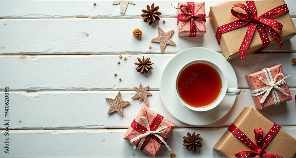 Poster cup of coffee and christmas cookies