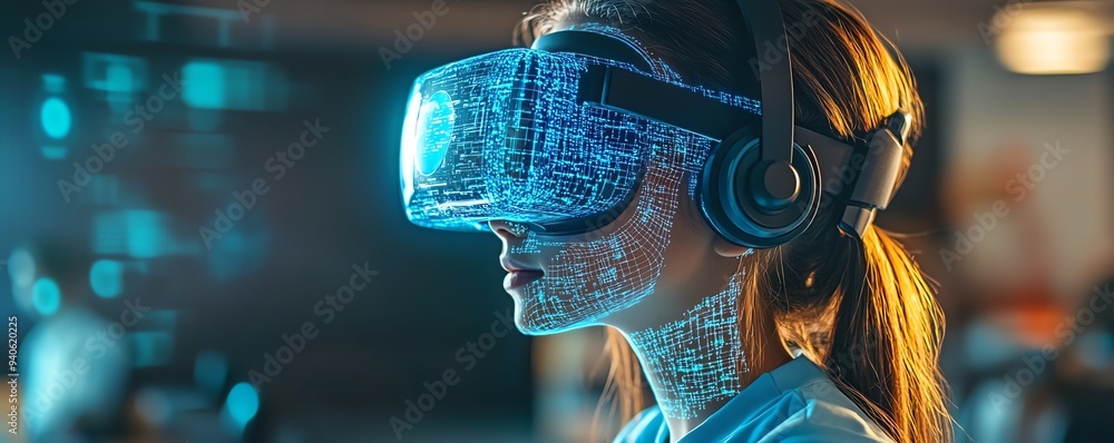 Poster school student using a vr headset with ai artificial intelligence technology and machine learning in