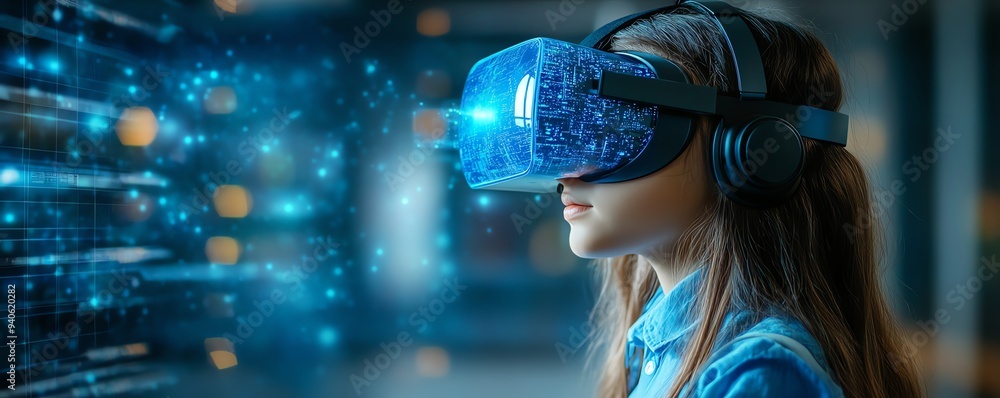 Aufkleber school student using a vr headset with ai artificial intelligence technology and machine learning in