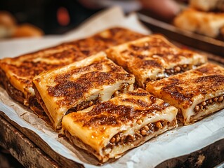 A close-up of golden-brown layered pastries filled with minced meat.