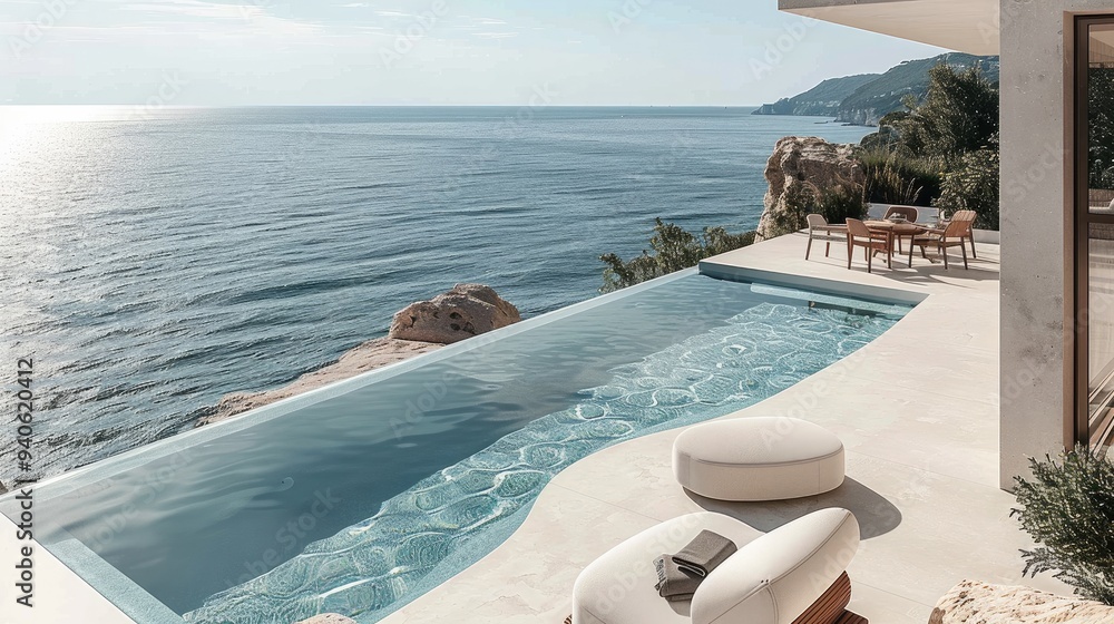 Poster minimalistic design, pool with a floating bed and table in the middle of an outdoor terrace overlook