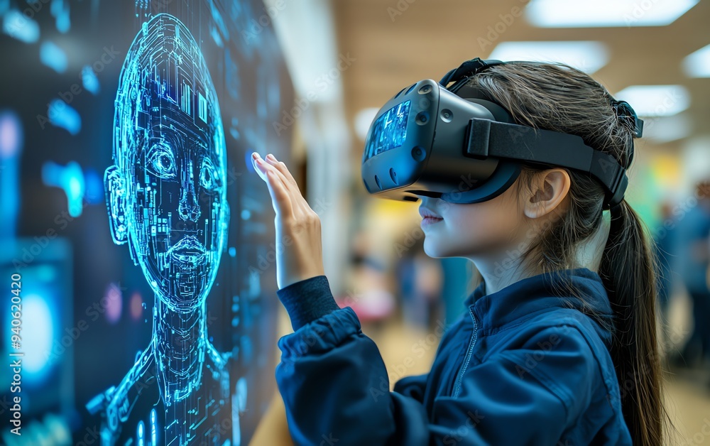 Poster school student using vr technology in the classroom, engaging with ai artificial intelligence and ma