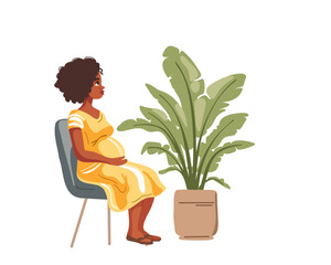 Pregnant woman sits on chair near potted home plant, side view on white background