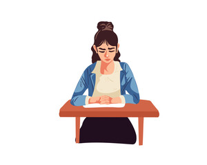 A sad girl sits behind desk on white background