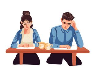 A sad girl and man sits behind desk on white background