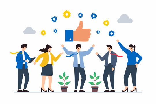 Flat illustration of people giving thumbs-up to colleague for outstanding teamwork and collaboration