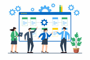 Flat illustration of team analyzing sprint backlog and assigning tasks for agile software development