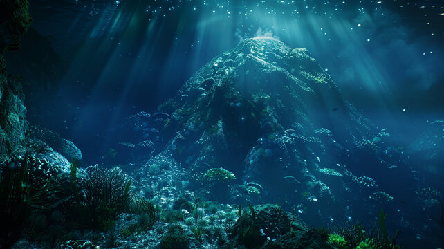 a scene of a seamount bathed in the soft glow of underwater light