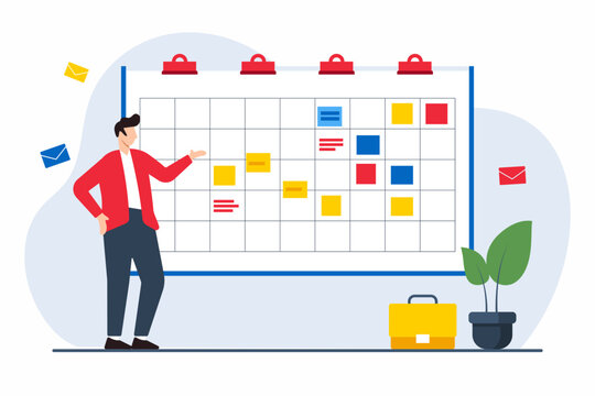Flat illustration of project manager tracking milestone achievements with interactive kanban board
