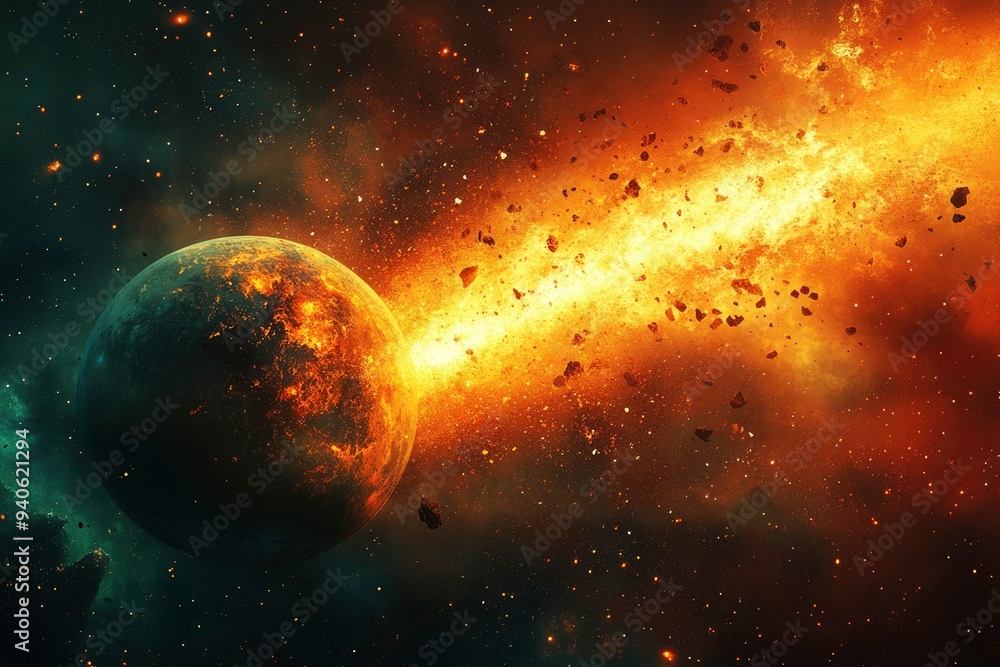 Poster a fiery celestial event with a planet and debris stream