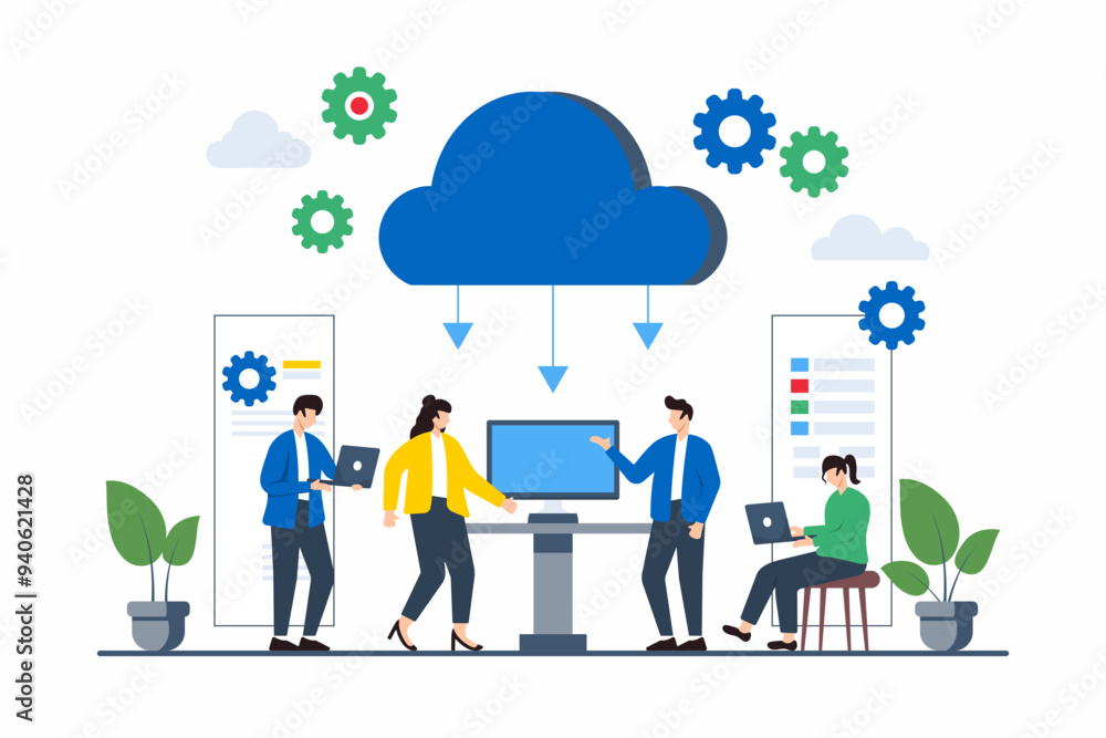 Poster flat illustration of team members collaborating on cloud-based version control for continuous deploy
