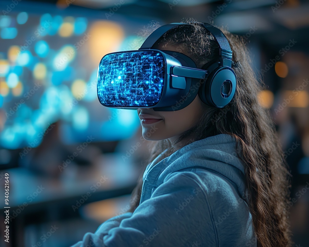Poster student in a classroom with a vr headset, exploring ai artificial intelligence and machine learning,