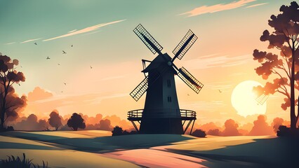 A windmill is in the foreground of a field with a sunset in the background