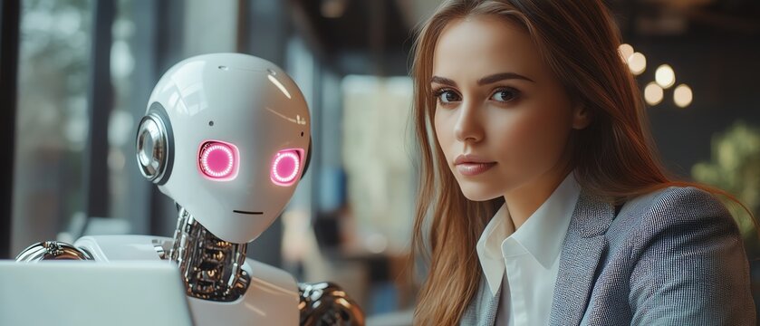 Sophisticated businesswomans rearview in a stylish suit sitting near a white and pink robot cyborg in a modern studio, emphasizing AI vs human collaboration on a laptop