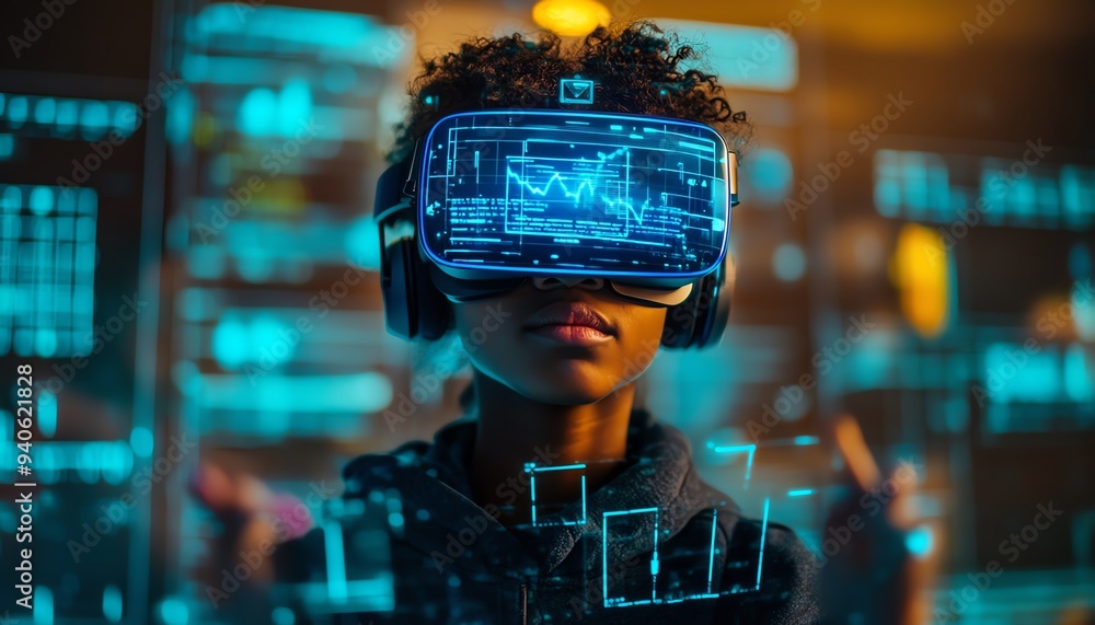 Poster student with vr headset in a classroom, utilizing ai artificial intelligence technology and machine 