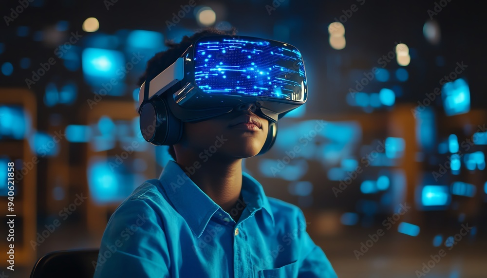 Poster student with vr headset in a classroom, utilizing ai artificial intelligence technology and machine 
