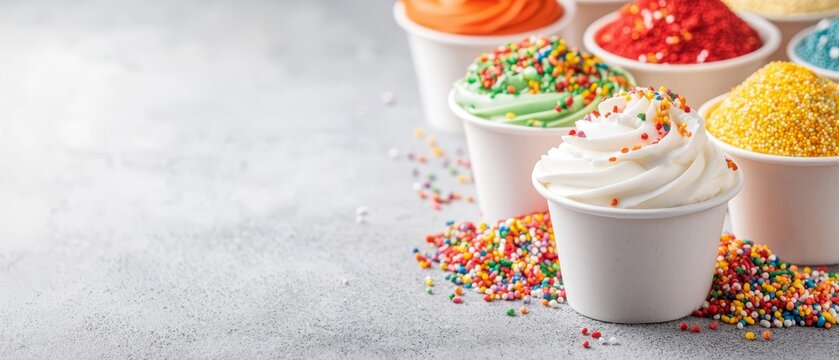  A pristine white tabletop displays a delightful array of cupcakes Each one boasts a swirl of colorful frosting and a generous dusting of vibrant spr