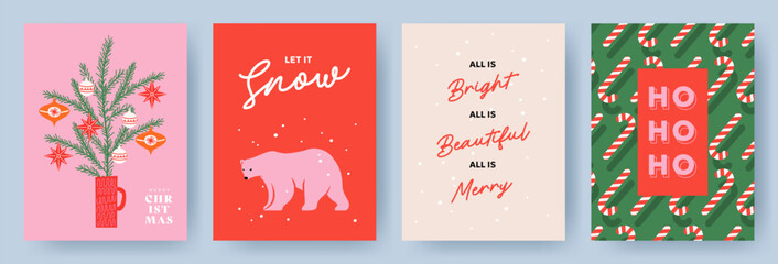 Merry Christmas greeting card Set. Modern Xmas design with typography, snow, beautiful Christmas tree, candy cane pattern, polar bear. Trendy hand drawn illustration for season banner, poster, cover © Tanya
