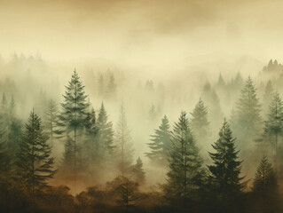 Misty landscape with fir forest in vintage retro style