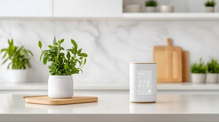 Smart kitchen brush holder with a vibrant digital display, featuring recipes and timers, set against a backdrop of modern kitchen decor