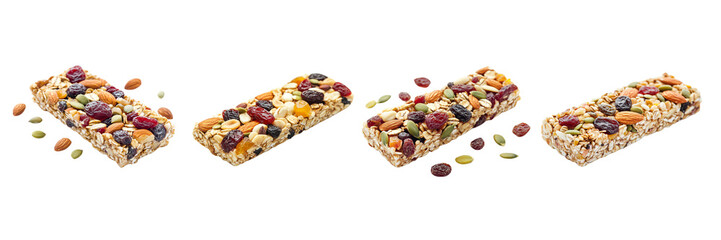 set granola bar with nuts, dried fruits, and seeds, isolated on a white background.
