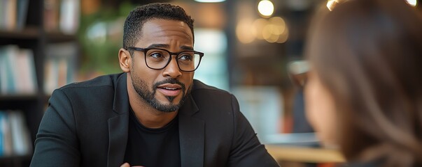 African American man in a black suit and glasses talking animatedly to an unrecognizable female guest at a table in a podcast studio, captured in a medium shot