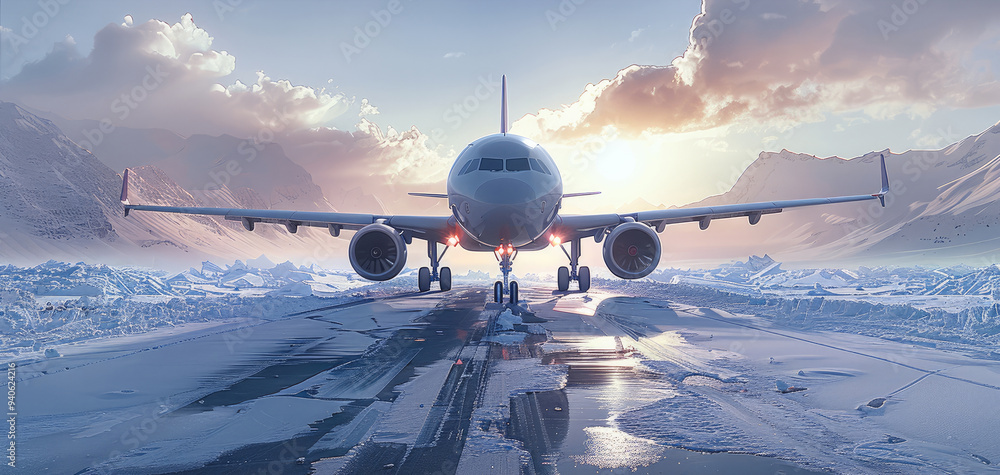 Poster an airplane almost landing in frozen. generative ai.