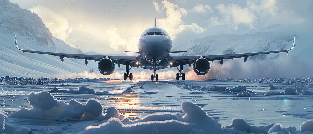 Poster an airplane almost landing in frozen. generative ai.