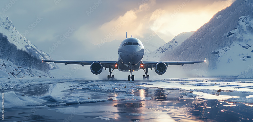 Poster An airplane almost landing in frozen. Generative AI.