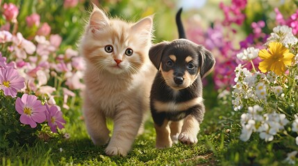 A playful kitten and puppy walking together in a colorful flower garden.