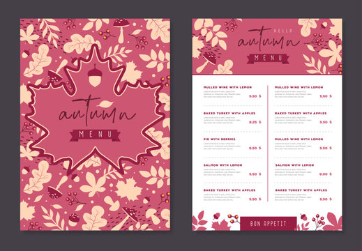 Seasonal Autumn menu design with autumn floral attributes. Vector illustration