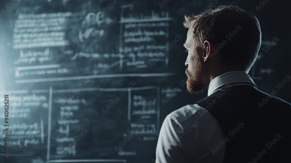 Poster focused mathematician solving problem on chalkboard generative ai