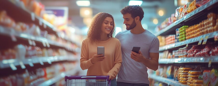 Couple looking for sales while shopping for food in a supermarket, using a cellphone app and walking with a cart