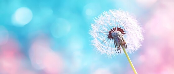  A tight shot of a dandelion against a softly blurred backdrop of blue and pink, with an indistinct, hazy sky above