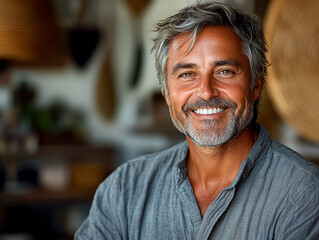 Obraz premium A man with a big smile on his face is sitting in a room with a lot of plants