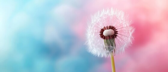  A dandelion floats in the wind against a pastel backdrop of pink, blue, and pink The soft sky above blurs gently