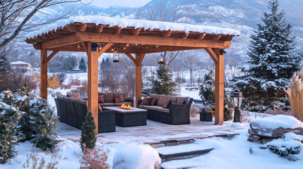 Outdoor pergola in the backyard garden by snowy mountain
