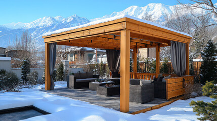Outdoor pergola in the backyard garden by snowy mountain