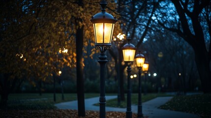 Moody Nighttime Park Scene with Streetlights Illuminating the Path Generative AI