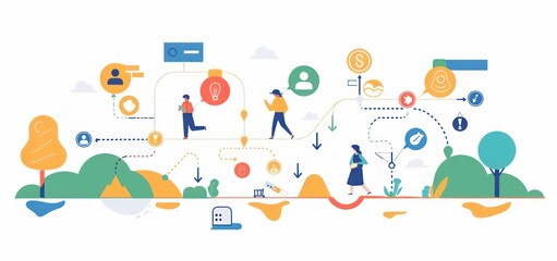 Fototapeta premium People Walking on a Path with Icons and Symbols