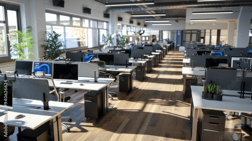 Poster A bright and open workspace filled with organized desks and computers, promoting a collaborative atmosphere and allowing natural light to illuminate the room
