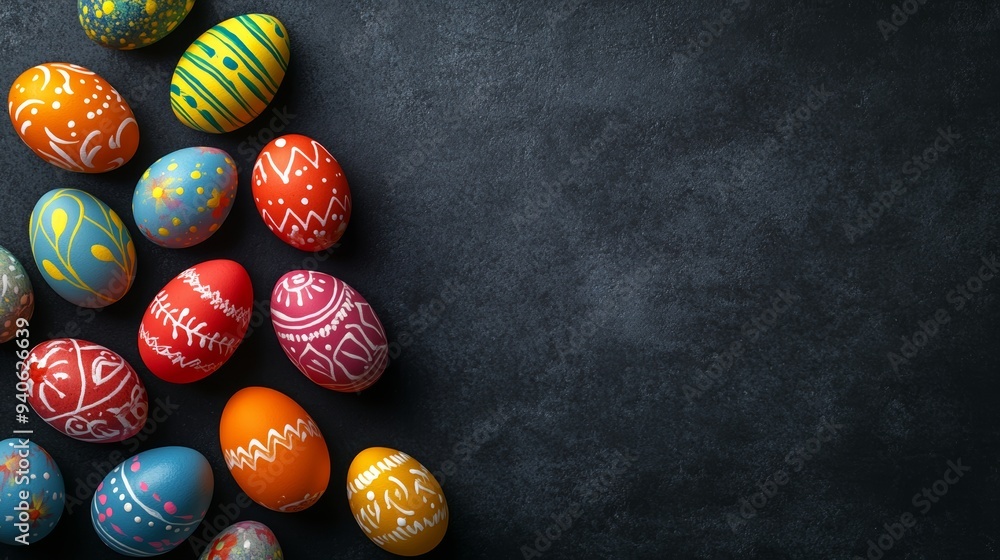 Poster colorful easter eggs on dark concrete background for spring web design generative ai