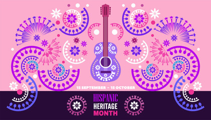 National hispanic heritage month banner with latin geometrical patterns, mexican flowers, guitar Art poster cultural traditions Spanish event celebration Vector illustration template flat background