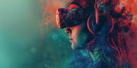 Double exposure gaming concept featuring a person in virtual reality amidst elements of the monkey pox virus