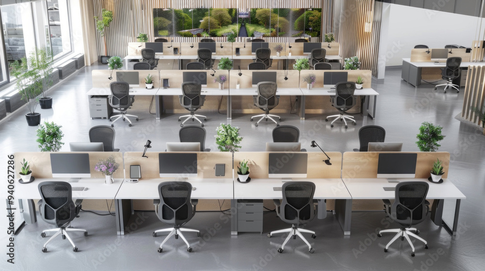 Poster this vibrant workspace features spacious desks equipped with monitors, stylish chairs, and lush plan