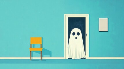 Podium with a ghost hiding behind it, flat design, top view, ghost theme, cartoon drawing, Complementary Color Scheme