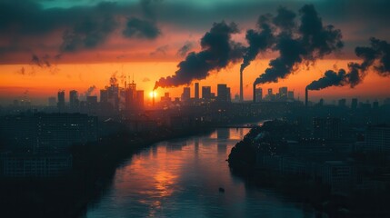 Fototapeta premium Dramatic sunset over industrial cityscape with thick smoke plumes rising from factories, reflecting in a river. Pollution and urbanization concept.